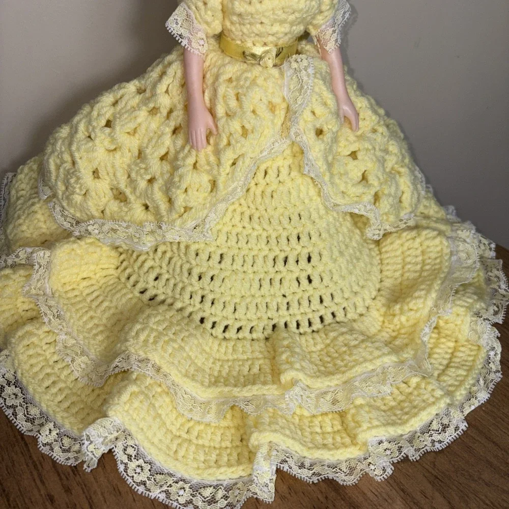 Vintage Crochet Doll Handmade Yellow Dress
